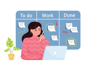 Cartoon woman working on laptop, marking tasks done and undone on board. People doing different tasks and activities at work. Process of organizing time in business. Vector illustration