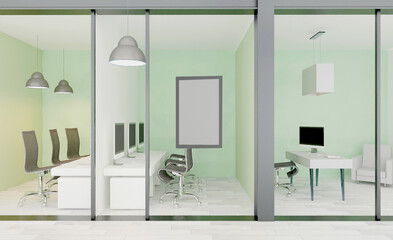 Open space office interior with like conference room. Mockup. 3D rendering.. Mockup.   Empty paintings