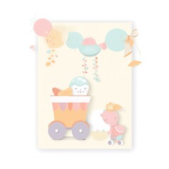 Baby shower banner with cartoon rocket and balloons.