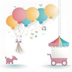 Baby shower banner with cartoon rocket and balloons.