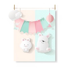 Baby shower banner with cartoon rocket and balloons.