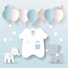 Baby shower banner with cartoon rocket and balloons.