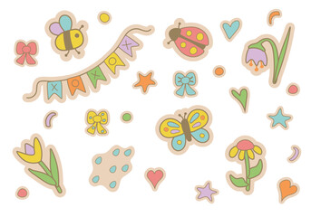 Cute bugs and flowers vector illustration. Bunting, bumble bee, ladybird and butterfly with bows and stars bundle isolated on white background
