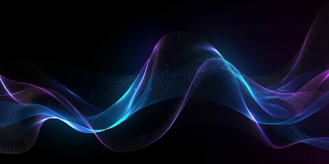 Illustration of neon wavy light effect on dark background. Created with Generative AI technology