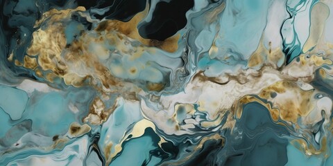 Illustration of abstract painting in blue tone colors and golden line background. Created with Generative AI technology