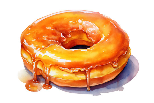 Glazed donut, watercolor isolated on white or transparent background. Generative AI