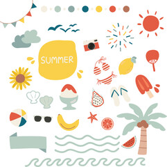hand drawn vector illustration set of summer holiday vibe sticker pack. Cute vacation elements doodle in flat style design