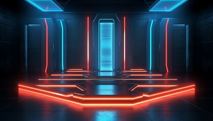 Cyber Sci Fi Futuristic Stage Podium 3D Rendering illustration. Generative ai