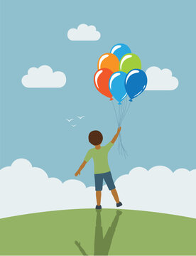 little boy on green meadow dream about flying with balloons