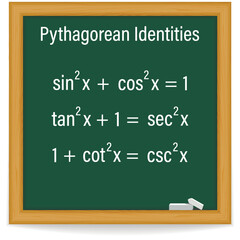 Pythagorean Identities Formula.  Trigonometric functions. Trigonometry formula on a chalkboard. School. Math. Vector illustration.