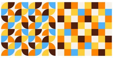 Simple Geometric Vector Pattern with Orange, Blue and Yellow Elements on a Beige and Brown Background. Abstract Regular RGB Colors Endless Print. Bauhaus Design. Mosaic Retro Print.