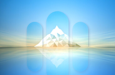 Fototapeta na wymiar View the sea level snowcapped mountains and the reflection of the sunset through the mirrored arch