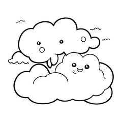 Cute cloud cartoon outline icon, Cute happy smiling cloud cartoon, black line shape