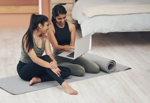 Women, Laptop And Exercise Together At Home With Happiness, Health And Wellness. Indian Sisters Or Female Friends In A Lounge For Online Class, Yoga Website Or Fitness Workout Video With A Partner