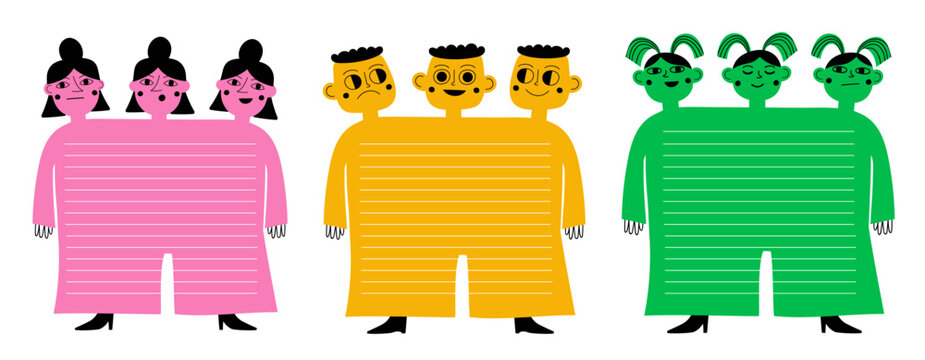 Vector illustration set with green, yellow and pink people. Emotion mood tracker template, notebook diary pages, funny school sticker collection