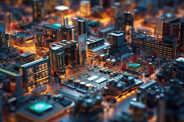 A close up of a city with lots of buildings. Generative AI. Microchip town landscape on surreal motherboard. - obrazy, fototapety, plakaty