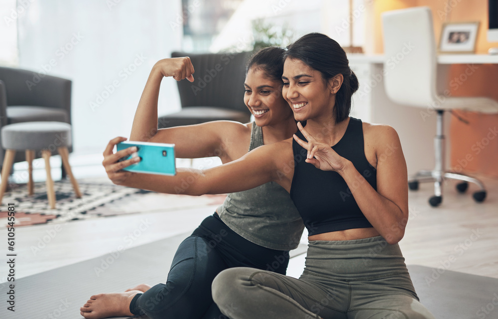 Poster Exercise, peace sign and selfie of women together at home for social media memory or post. Indian sisters or female friends with a photo for influencer update, fitness motivation or muscle results