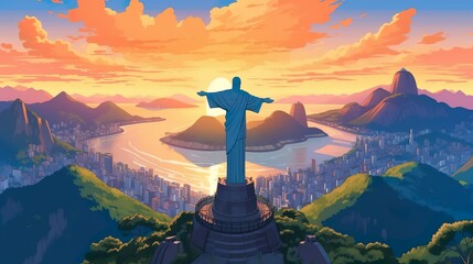Abstract background Rio. Detailed illustration showcasing the beauty and energy of Rio's diverse culture and stunning landscapes on the sunrise. Generative AI. - obrazy, fototapety, plakaty