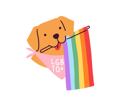 Cute Dog Holding Rainbow Flag For LGBT Pride Month Celebration. LGBTQ Doggy, Happy Puppy. Funny Proud Pup, Canine Animal For Homosexual Love. Flat Vector Illustration Isolated On White Background