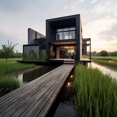 Fototapeta premium modern house ,close the rice field , black metal and concrete