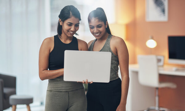 Women, Friends And Laptop For Exercise At Home Together With Happiness, Health And Wellness. Indian Sisters Or Female Family In Lounge For Online Class, Website Or Fitness Workout Video With Coaching