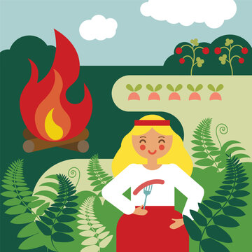 Midsummer celebration. Summer solstice day - Ligo. Latvian national event celebrated in nature. Ligo girl in fern vector illustration. 