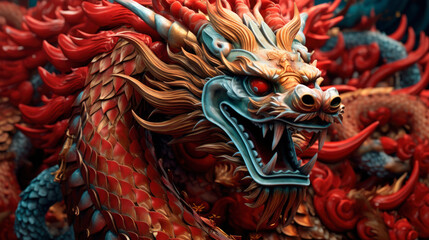 Obraz premium Traditional 3d chinese dragon illustration. 3d character dragon bright colors print for clothes, stationery. Banner chinese dragon 2024. New Year of the Dragon 2024. Generative ai.