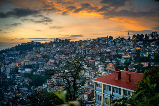 Sunset Skyline of Shimla city in Himachal Pradesh, India. Natural beauty of Shimla Himachal Pradesh India.. Architecture of Shimla city in Himachal Pradesh. 
