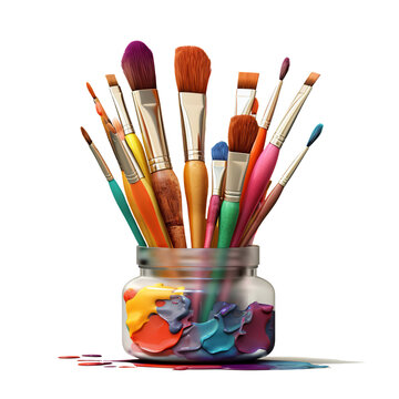 Artist paint brushes in a glass, 3d, isolated on white or transparent background. Generative AI