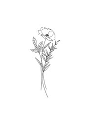 Poppy, Holly berry birth flower line art, hand drawn for tattoo design