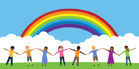 happy children of different skin color holding hands under rainbow