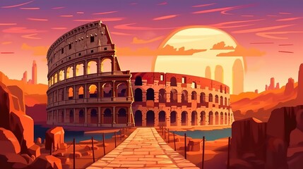 Background Roman Colosseum. Impressive  illustration capturing the majesty and scale of the Roman Colosseum on the sunset. Generative AI. - obrazy, fototapety, plakaty