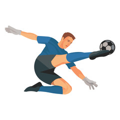 Figure of a football goalkeeper in blue sports t-shirt kicks the ball with his foot