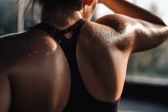 Close up of woman back with flexing her muscles in sweat on skin after workout