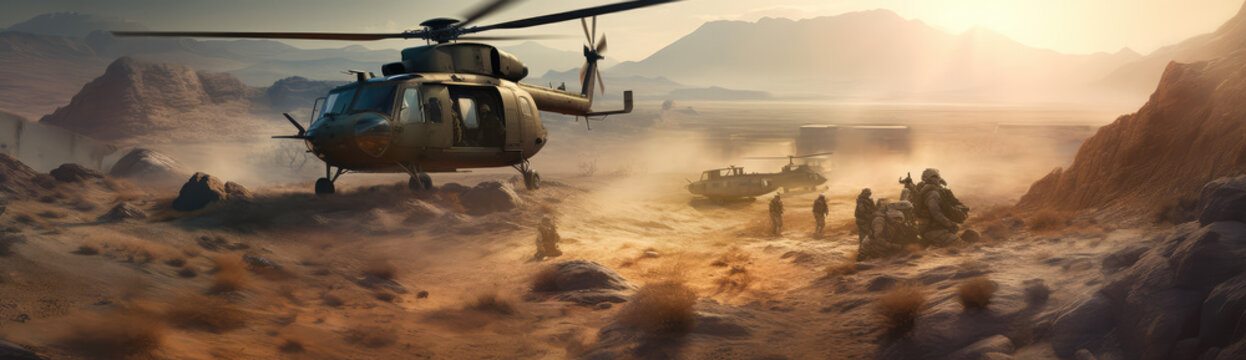 a painting of soldiers and helicopters near the desert, generative AI