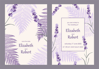 Vector wedding invitations set with lavender flowers and ferns on white background. Romantic tender floral design for wedding invitation, save the date and thank you cards. With place for text
