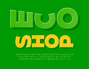 Naklejka premium Vector modern sign Eco Shop. Creative Sticker Font. Set of Green rotate Alphabet Letters, Numbers and Symbols