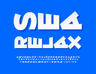 Vector touristic sign Sea Relax. White Paper Font. Rotated set of Alphabet Letters, Numbers and Symbols