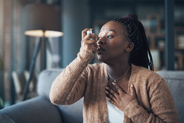Asthma attack, medicine and a woman with inhaler to breathe in a house for health and wellness. Anxiety of a sick black person with medication for healthcare, lungs or chest and respiratory problem - obrazy, fototapety, plakaty