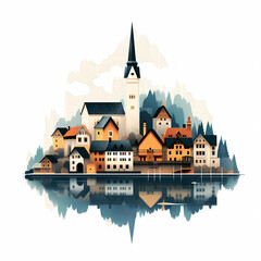 Illustration of beautiful view of Hallstatt, Austria