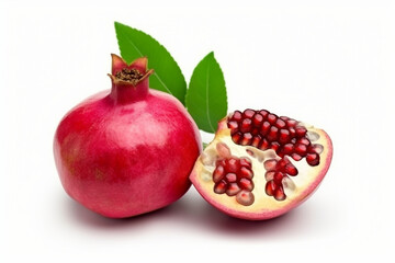 Closeup pomegranate fruit with cut in half sliced and green leaf isolated on white background,