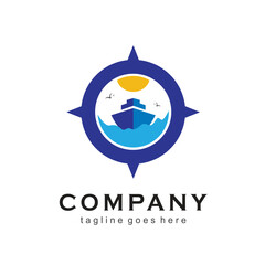 ship logo with compass shape concepts, clear skies with bird and sun symbols.