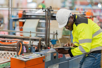 African male engineer technician manager Use a tablet to control the machine to work with an electronic circuit system. Wearing safety helmets and vests in plastic and steel factories