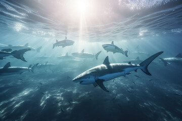Obraz premium Many white tiger sharks underwater in the ocean sunlight, AI Generative.