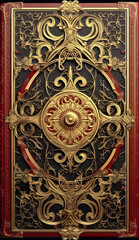 A gold and red ancient engraved book cover. Generative AI.