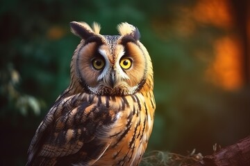 long eared owl in the forest, close up, blurry background