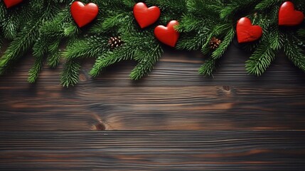 christmas holiday evergreen pine branches and red hearts wood background with copy space