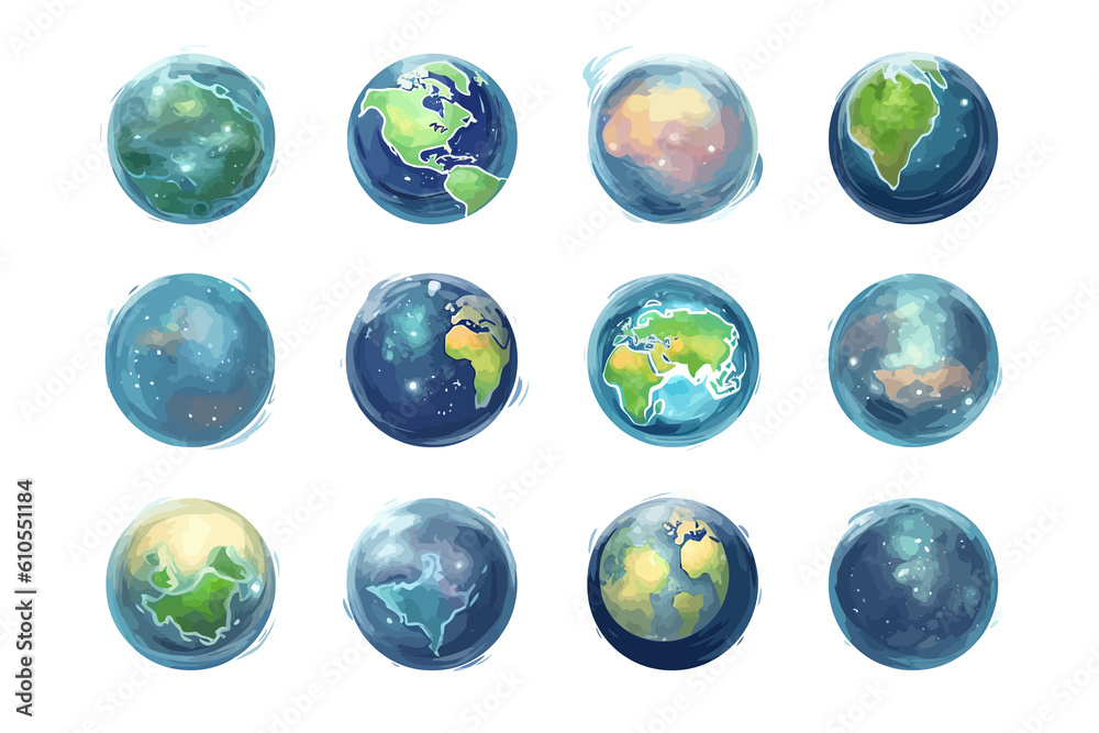 Poster planet earth vector set collection graphic clipart design. generative ai