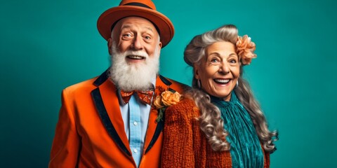 Fototapeta premium portrait of an cool and happy senior couple with hat, crazy lifestyle concept, fictional persons created with generative ai