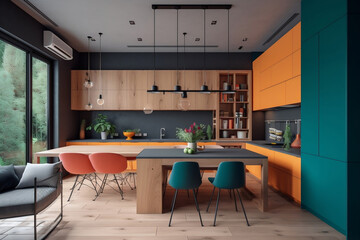 Bold color blocks and contrasting textures in eco-interior orange design. Bright kitchen in luxury eco house. Zero waste, eco friendly products, recyclable architecture, sustainability. Generative AI.